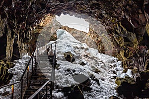 The Lava Tunnel (Raufarholshellir) in Iceland, inside view.