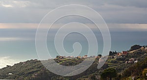 View of Santa Giulia hill and ligurian sea from localita Crocetta. Lavagna. Liguria. Italy photo