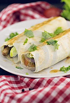 Lavash rolls with meat, vegetables and cheese served with green