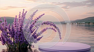 Lavender arch empty product podium under twilight sky for whimsical displays and presentations