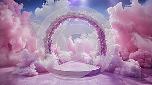Lavender arch on matte product podium in a whimsical twilight setting, elegant and captivating