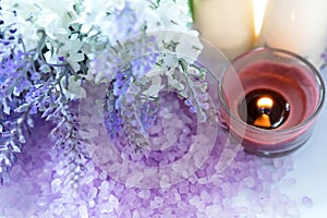 Lavender aromatherapy Spa with candle. Thai Spa relax Treatments and massage white background. Healthy Concept.