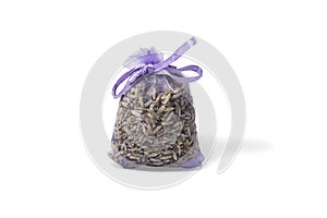 Lavender bag or pouch with dried lavender flowers isolated on white. Aromatic sachet with dry lavender