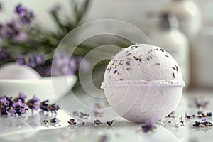 Lavender bath bombs with lavender flowers on a white background