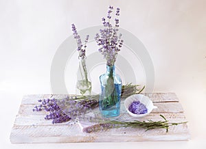 Lavender bath salt, natural soap and fresh lavender flowers
