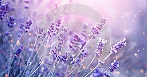 Lavender. Blooming fragrant lavender flowers on a field, closeup. Violet background of growing lavender swaying on wind photo