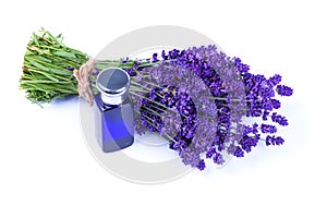 Lavender bouquet and blue perfume bottle isolated