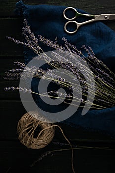 Lavender bouquet on rustic wooden desk. Provence concept.