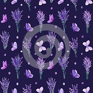 Lavender bouquet, seamless pattern with navanda flowers and butterflies watercolor painting, Violet floral background