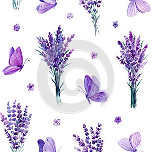 Lavender bouquet, seamless pattern with navanda flowers and butterflies watercolor painting, Violet floral background