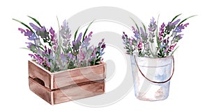 Lavender bouquet in vintage wooden box and bucket