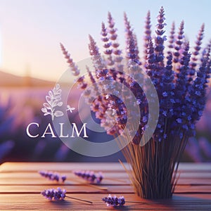 Lavender Bouquet on Wooden Table at Sunset with Calm Text Overlay