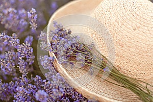 Lavender bouquet on a woven hat fedora