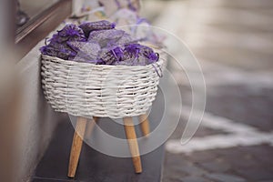 Lavender bud dry flower sachet fragrant bags in basckets, purple organza pouch with natural dried lavender flowers at market.
