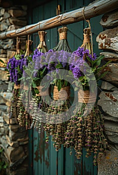 Lavender bunches and flowers hanging on wooden beam