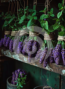 Lavender bunches and flowers on the wooden shelves