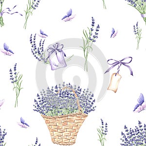 Lavender and butterflies Seamless pattern. Bouquet of purple flowers in wicker baskets. Watercolor hand drawn