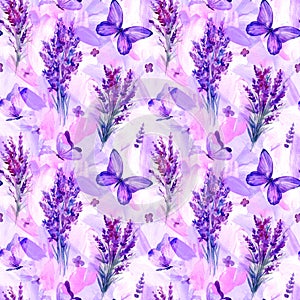 lavender and Butterfly seamless pattern.. Watercolor flowers painting, design wallpaper, paper or background.