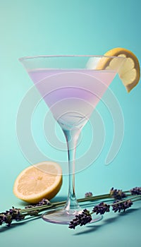 Lavender cocktail with lemon and lavender flowers on blue background