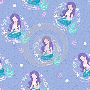 Lavender color mermaid pattern for kids. Girl print. Design for kids. Fashion illustration drawing in modern style for clothes