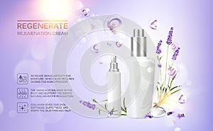 Lavender cosmetic label of organic cosmetic and skin care cream. Lavender cream and oil. Moisturizer with Vitamins and