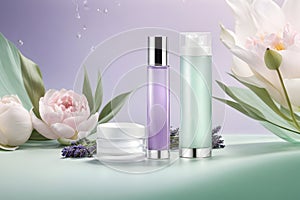 Lavender cosmetic product in bottle with white tulips on green background