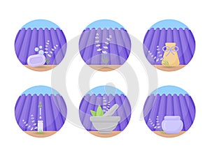 Lavender cosmetic products flat icon set