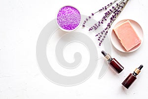 Lavender cosmetics spa set. Natural spa essential oil and sea salt