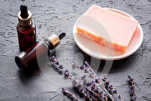 Lavender cosmetics spa set. Natural spa essential oil and sea salt