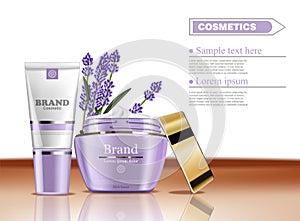 Lavender cream cosmetic set collection Vector mock up. Realistic product packaging label designs. Lotion and face cream