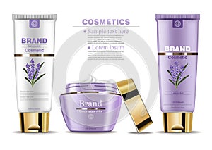 Lavender cream cosmetic set collection Vector mock up. Realistic product packaging label designs. Lotion, facecream and