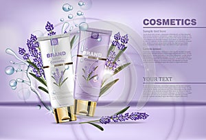 Lavender cream cosmetic Vector mock up. Realistic product packaging label design. Lotion hydrating aroma therapy