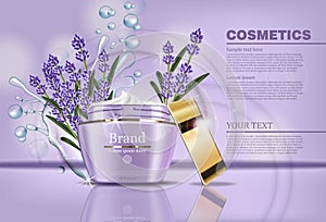 Lavender cream cosmetic Vector mock up. Realistic product packaging label design. Waterdrops and laveder flowers