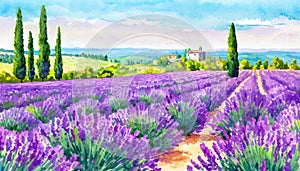 Lavender and cypress trees romantic landscape