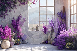 Lavender decor in a sunlit rustic interior