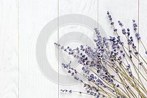 Lavender desk design with flowers on white background top view mock up