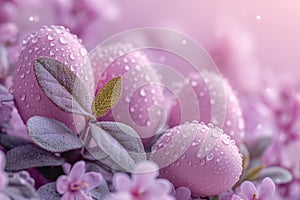 lavender Easter eggs, flowers, leaves and water drops against lavender background. Easter banner