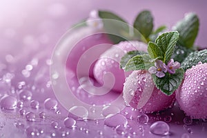 lavender Easter eggs, flowers, leaves and water drops against lavender background. Easter banner