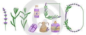 Lavender Elements Set. Soothing And Fragrant Items, Including Essential Oil, Candle, Bath Products, Borders And Decor