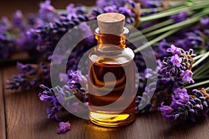 Lavender essential oil bottle with fresh flowers. Generative AI