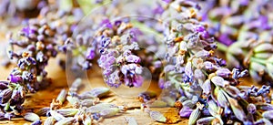 Lavender essential oil in a small bottle. Selective focus