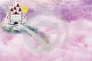 Lavender fairy castle, with fluffly pink clouds photo