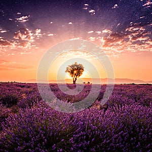 Lavender field, amazing landscape, sunrise glow, natural summer travel background, Provence, France