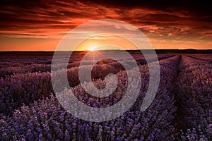 Lavender field flowers at sunset in summer time