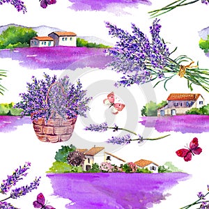 Lavender field, lavender flowers in basket, summer butterflies with rural farm house. Watercolor seamless pattern