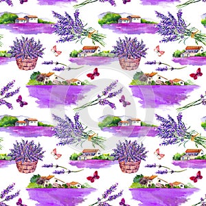 Lavender field, lavender flowers in basket, summer butterflies with rural farm house. Watercolor seamless pattern