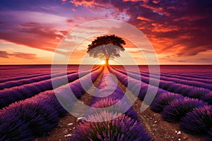 Lavender field with lonely tree at sunset in Provence, France, Stunning lavender field landscape Summer sunset with single tree,