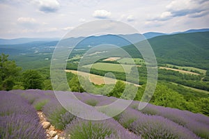 lavender field on mountaintop, with view of the valley below