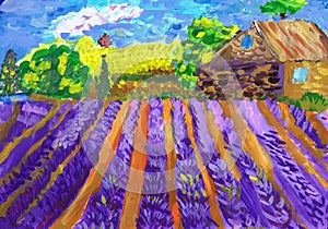 Lavender Field in Provence. Children`s drawing