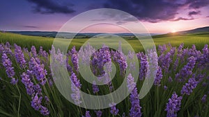 lavender field in region a panoramic banner with purple lavender flowers and green grass on a blurred blue sky background